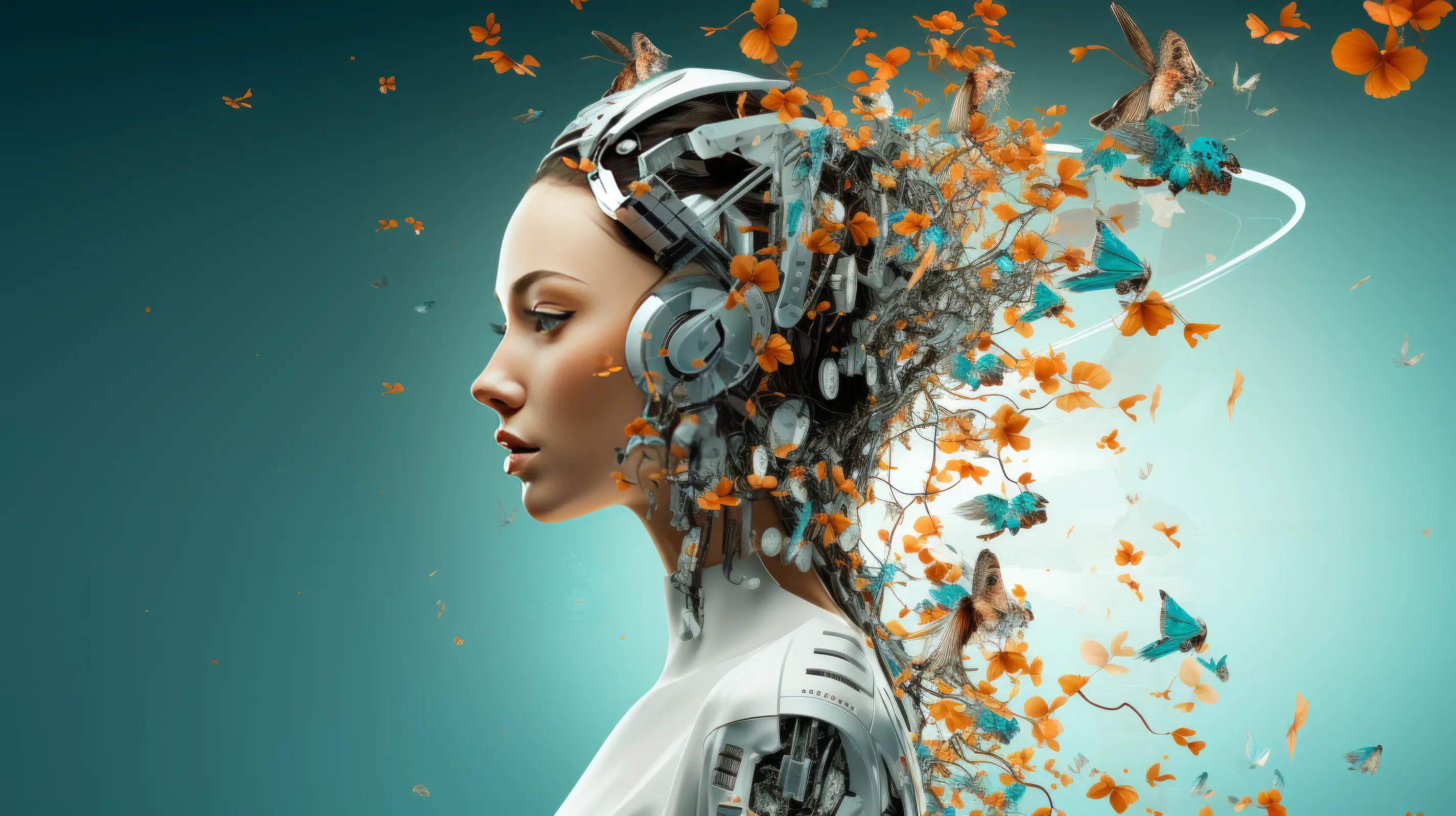 A robotic woman with butterflies and flowers